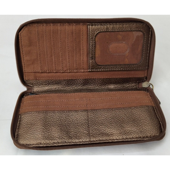 Fossil Metallic Brown Pebbled Leather Zip Around Credit Card ID Window Wallet - Picture 9 of 13